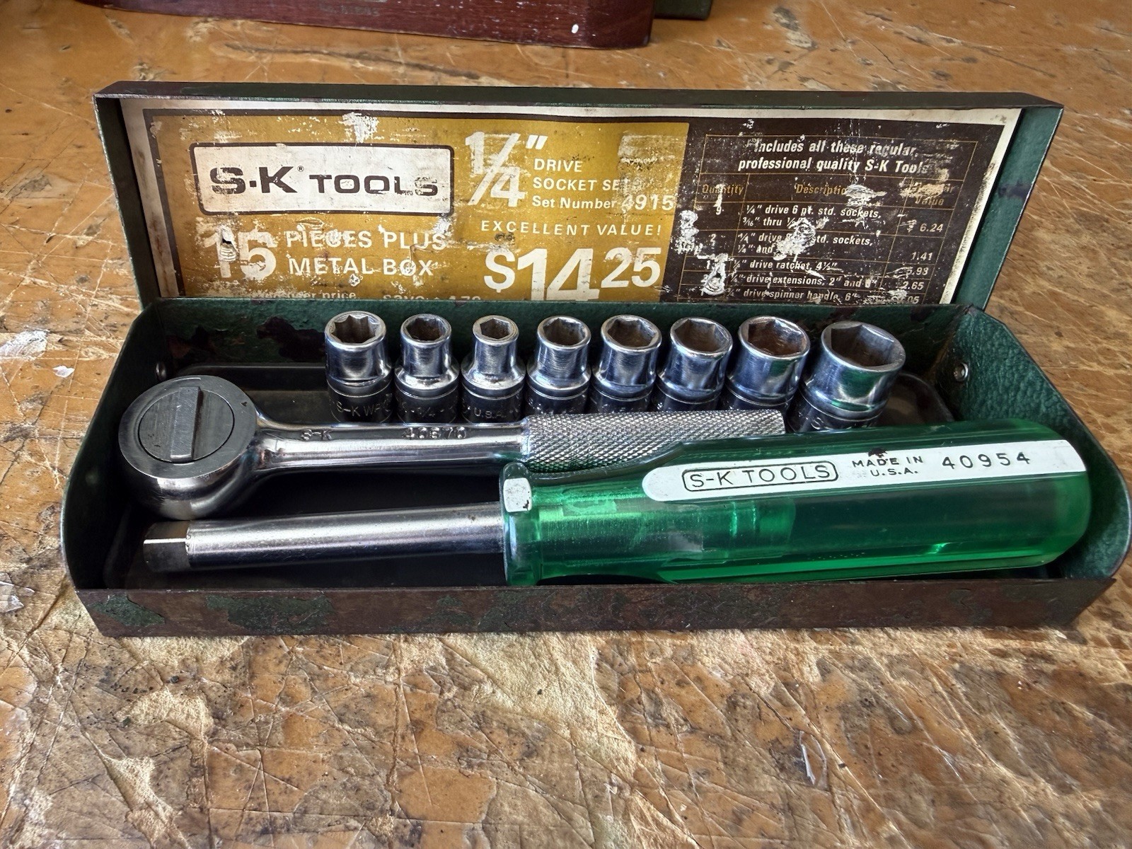 S-K Tools No. 4915 1/4” Drive Socket Set All S-K USA Green Spinner Handle