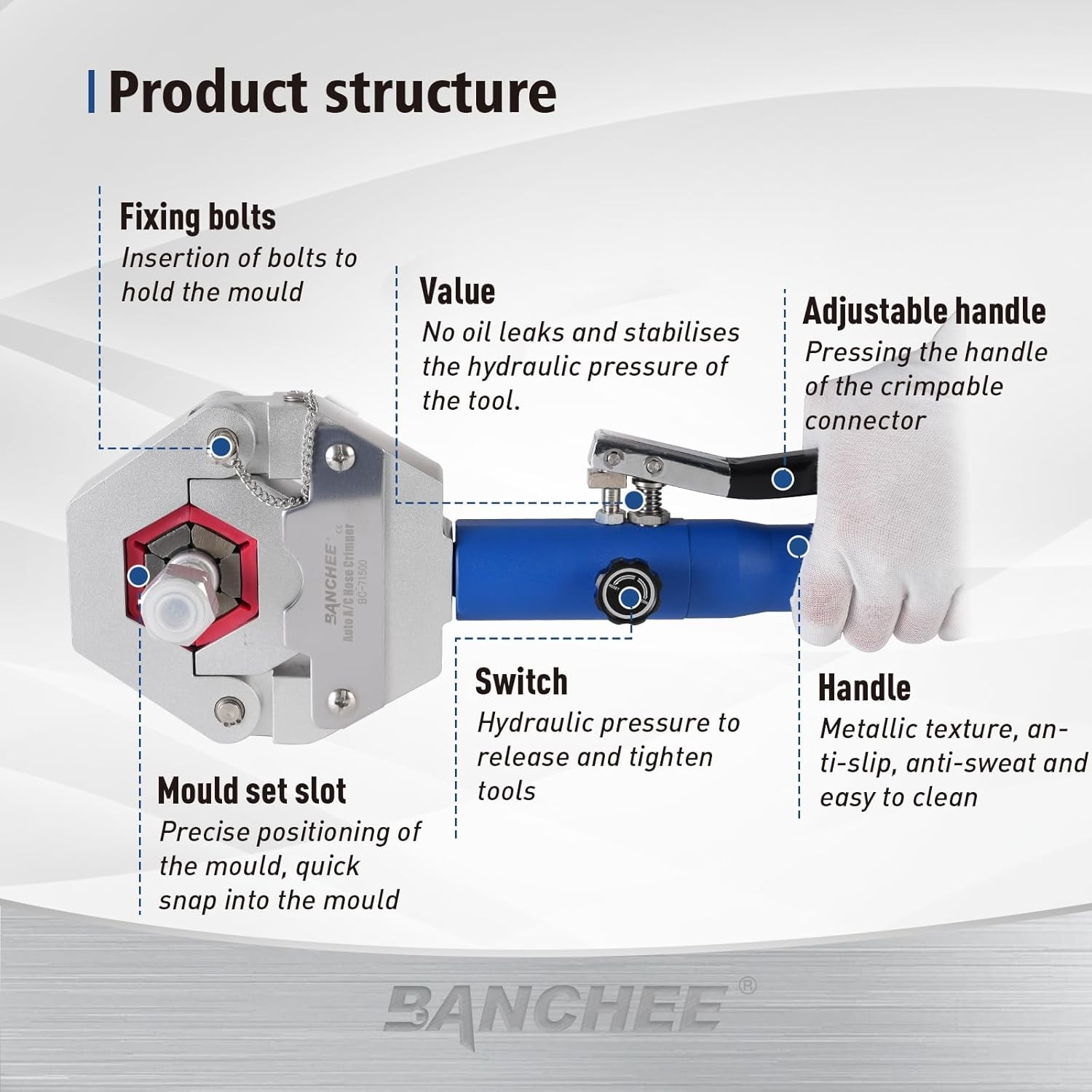 BANCHEE Hydraulic Hose Crimper AC Crimping Tool for Barbed and Beaded Blue
