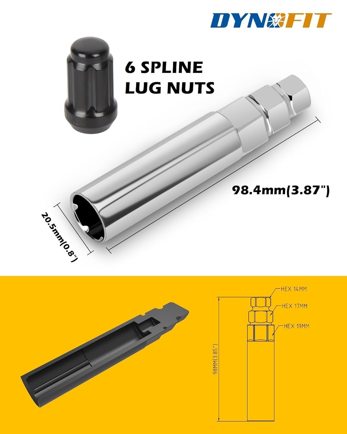 Dynofit 6 Spline Lug Nuts Socket Key for M12X1.5,12X1.25,1/2″-20,3/8″-24 Lug Nut
