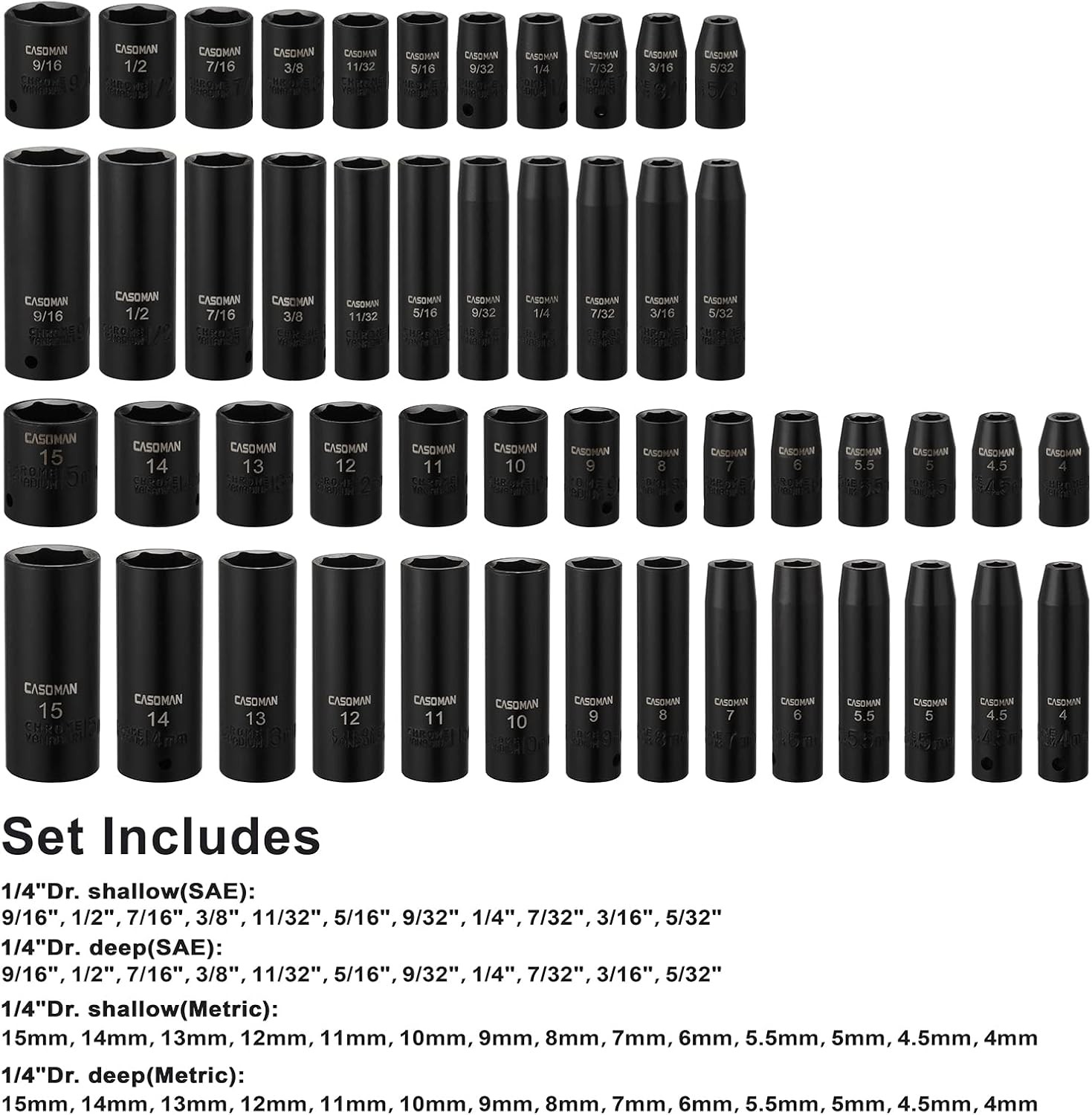 50Pcs 1/4″ Drive Master Impact Socket Set 6-Point, Sae/Metric Standard/Deep,Cr-V