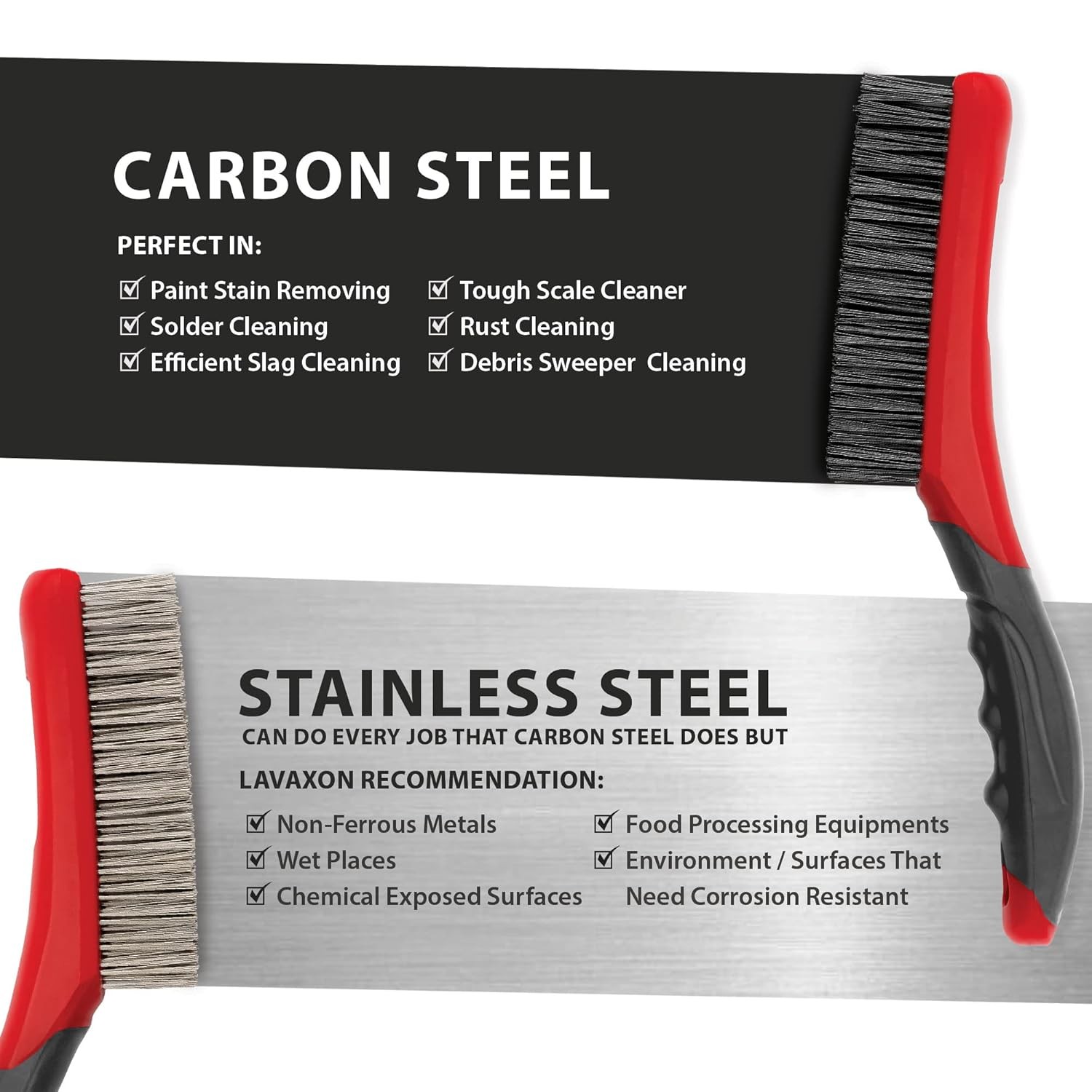 Wire Brush Set-Heavy Duty Stainless & Carbon Steel Bristles with Plastic Red