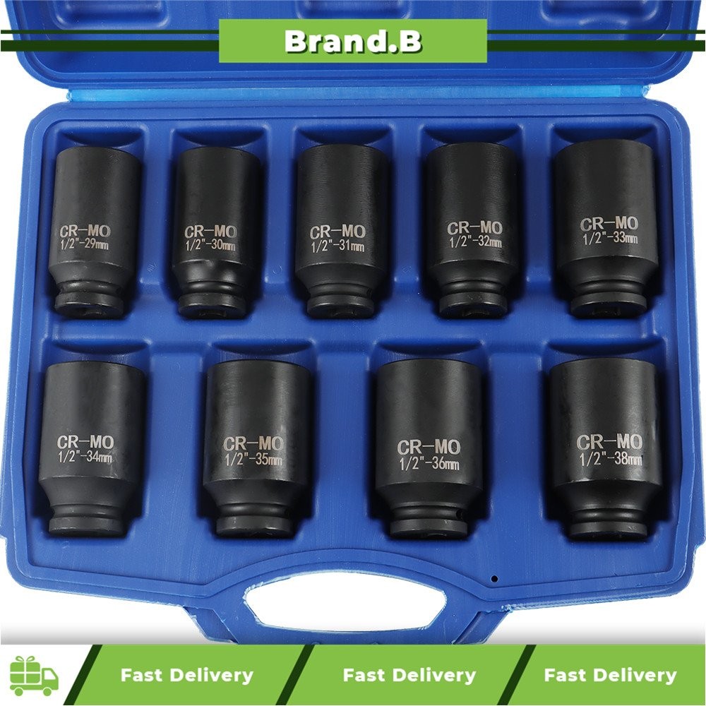 9PCS Deep Impact Socket Tool Kit 1/2″ Drive Metric Axle Hub Nut Socket 29-38mm