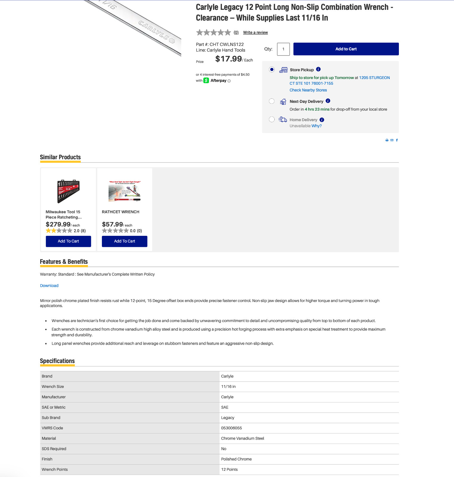Carlyle 4 Pc Long SAE Combination Wrench Set 7/16 1/2 11/16 3/4 12 Point NEW!