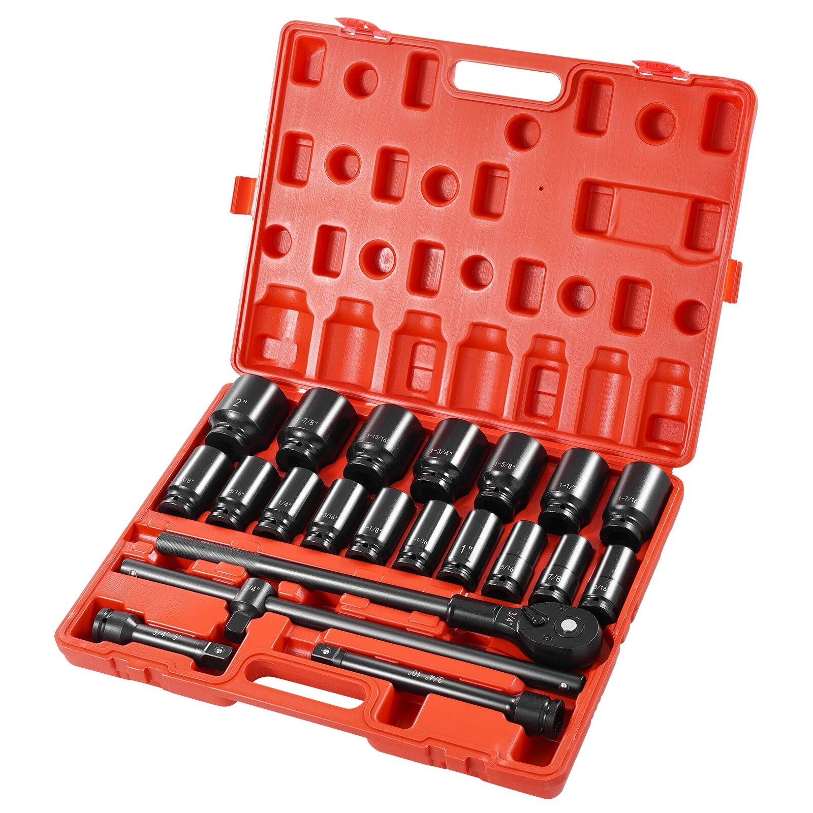 22 Pc Impact Socket Set 3/4″ Drive Deep SAE Cr-Mo Extension Bar Sliding T-Bar