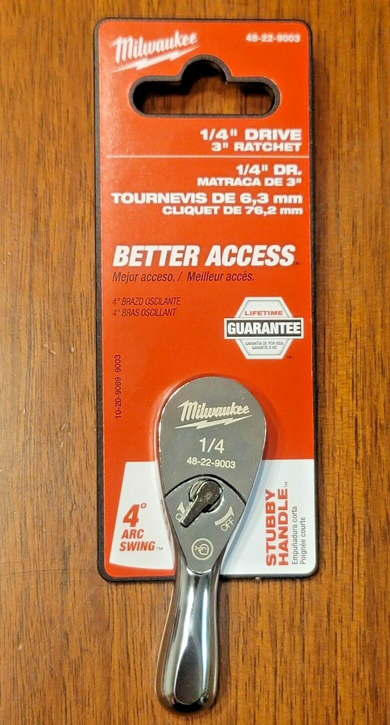 Milwaukee PRO 3″ Long 1/4″ drive Stubby 90 Tooth Full Polish Ratchet #48-22-9003