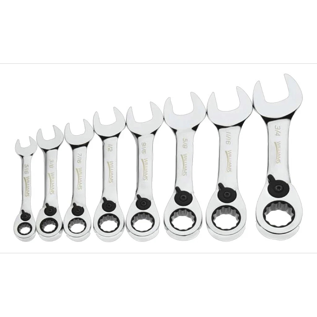 8 Piece Stubby Reversible Ratcheting Combination Wrench, SAE,12 Point,Williams