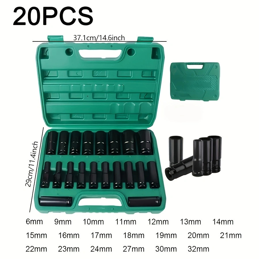 20-piece sleeve kit, 1/2-inch deep impact sleeve set with toolbox, suitable for