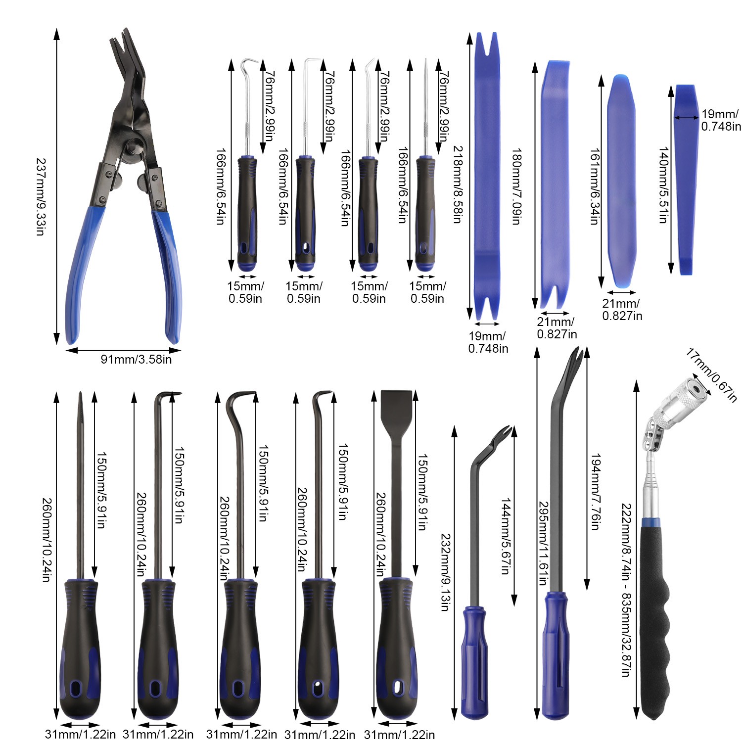 17PCS Alloy Steel Hook and Pick Tool Set with Scraper and Magnetic Telescoping