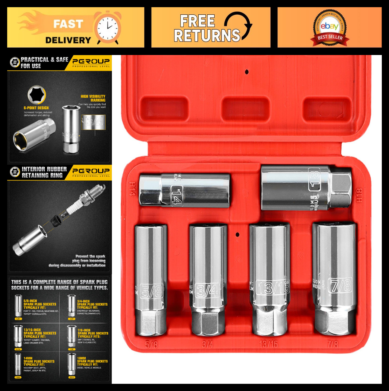 6PCS Spark Plug Socket Set 3/8″ Drive, 6-Point, SAE & Metric Sizes, CR-V Steel