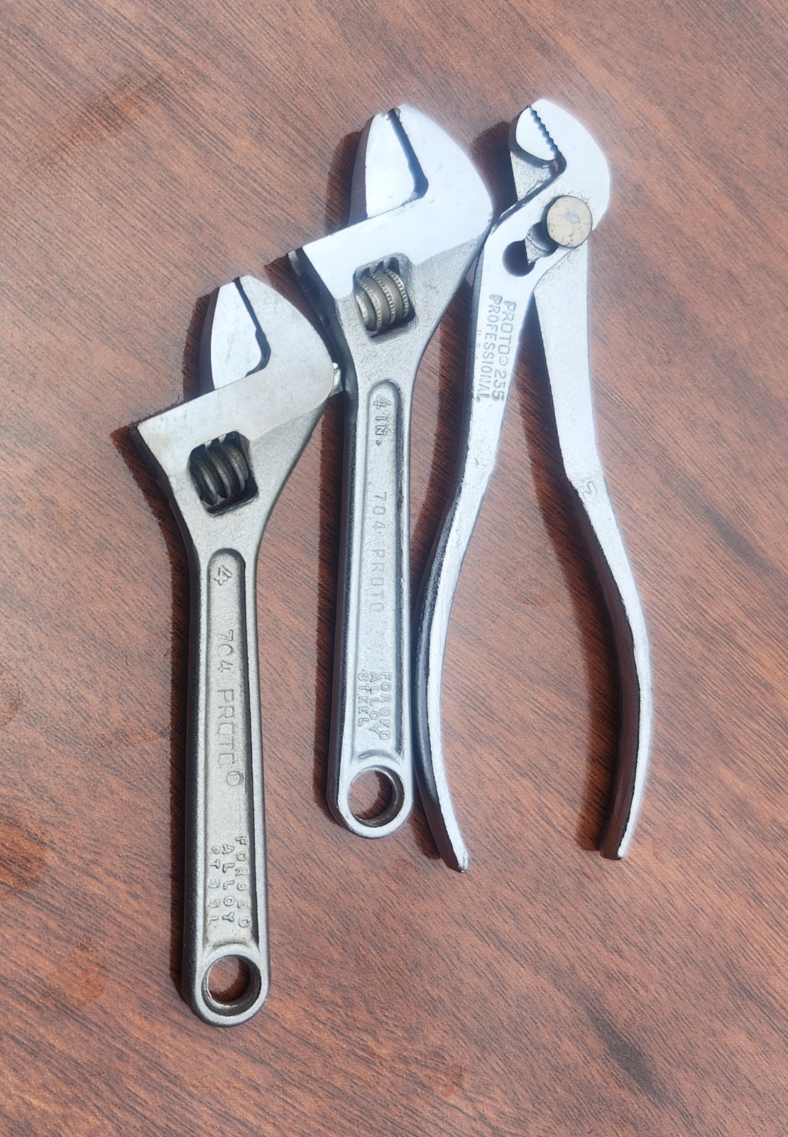 Vintage Proto 4″ Tools. 2- Adjustable Wrenches + 1- Slip-Joint Pliers USA