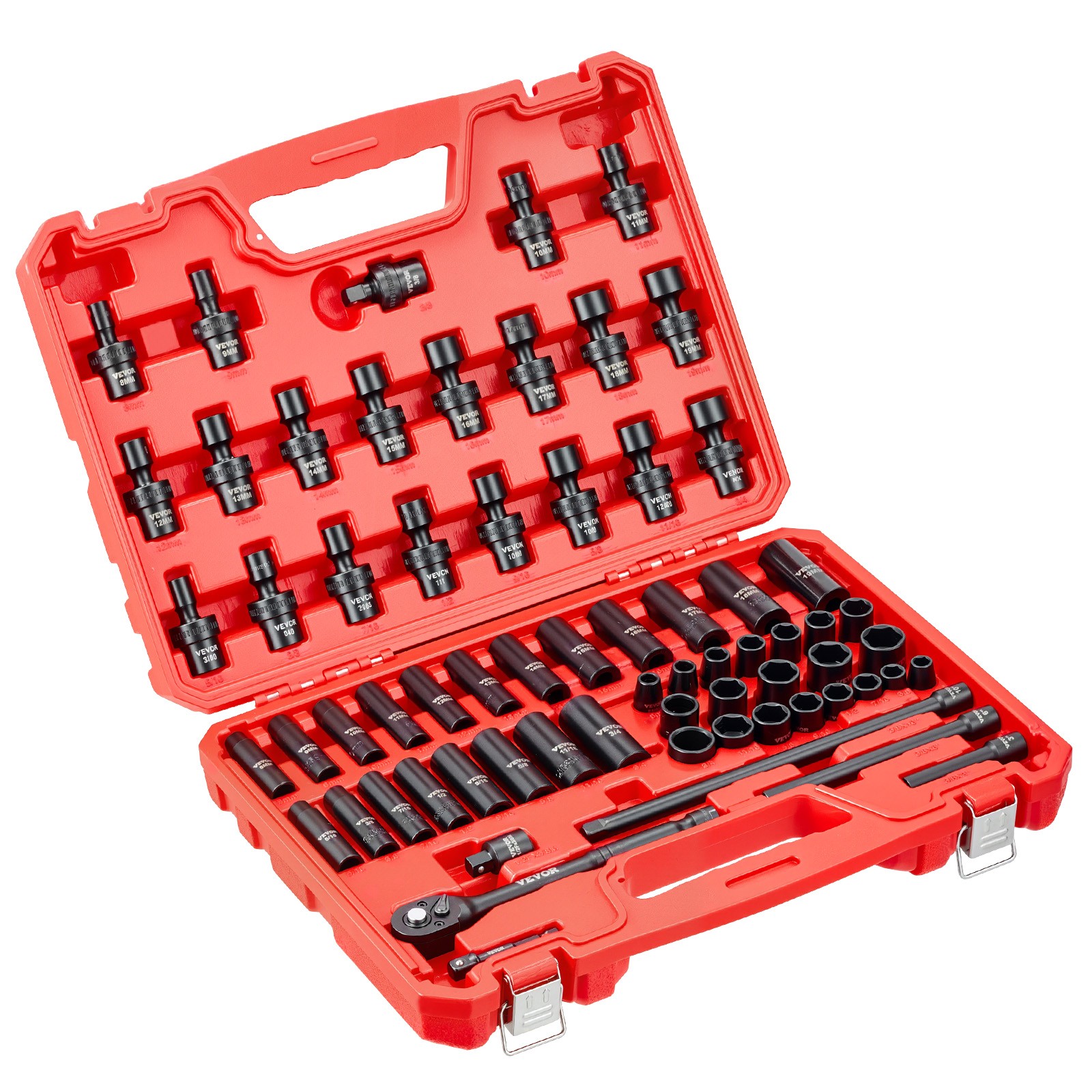 VEVOR 3/8 in Drive Impact Socket Set 67 Piece SAE 5/16 to 3/4 in Metric 8-19 mm