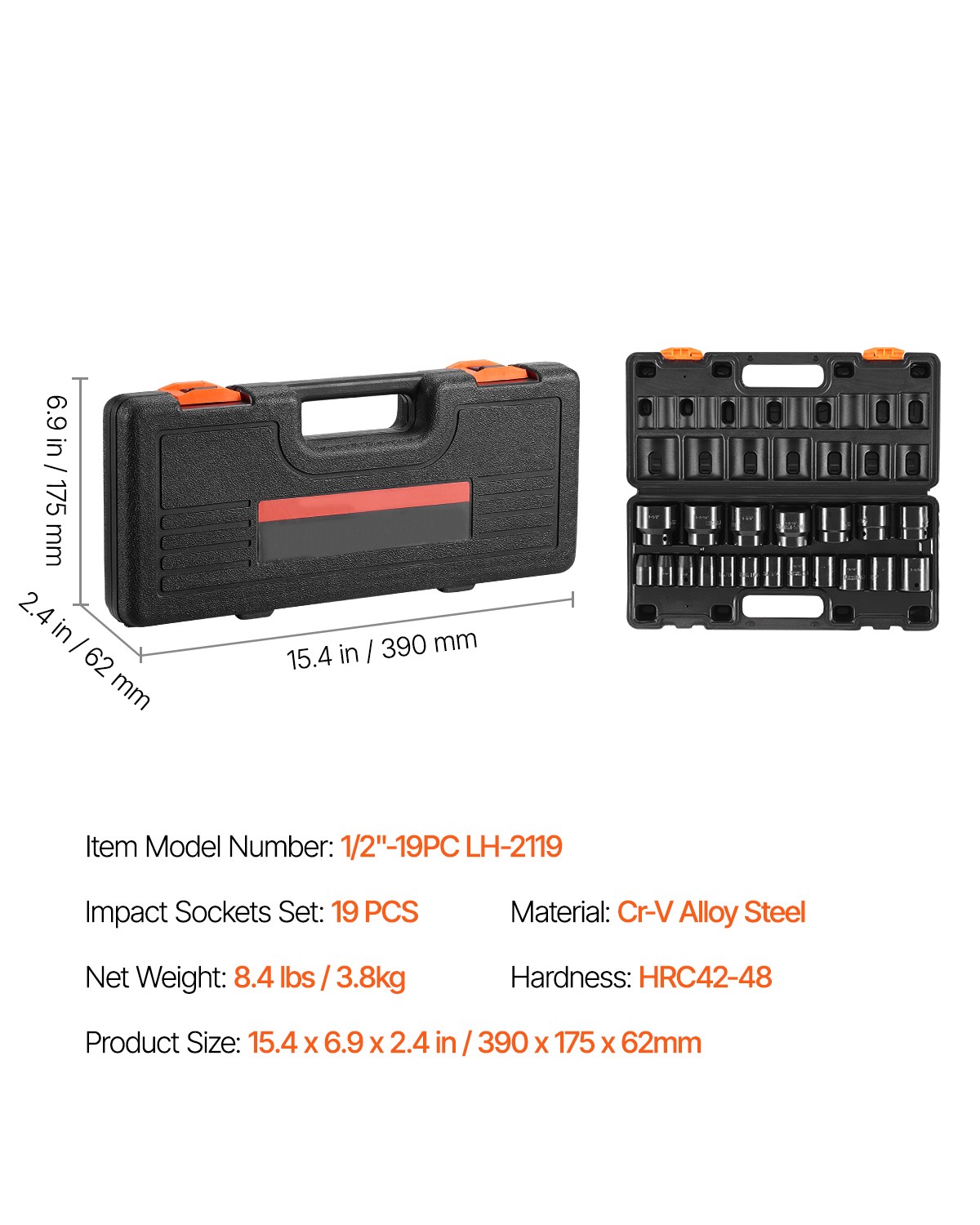 Uimoso 19-Piece SAE 6-Point Impact Socket Set with 1/2-In Drive and ExtensionBar