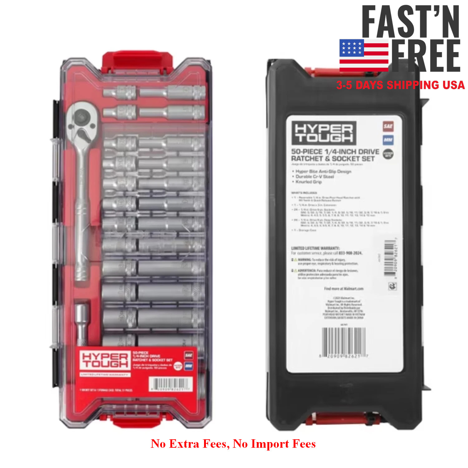 Hyper Tough 1/4-Inch Drive Ratchet and Socket Set SAE and Metric 50 Pieces