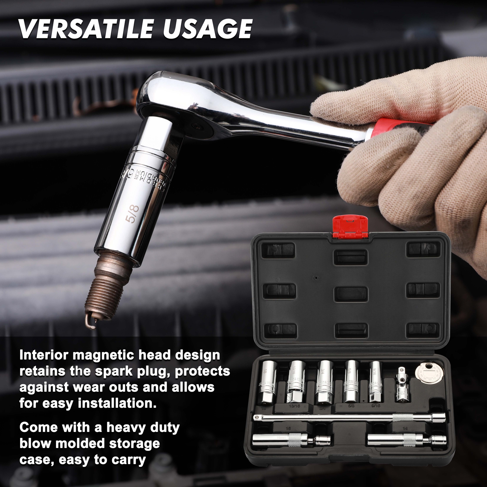 0PCS 3/8″Drive Magnetic Spark Plug Socket Set, 6PT&12PT Extension Bar CR-V Steel