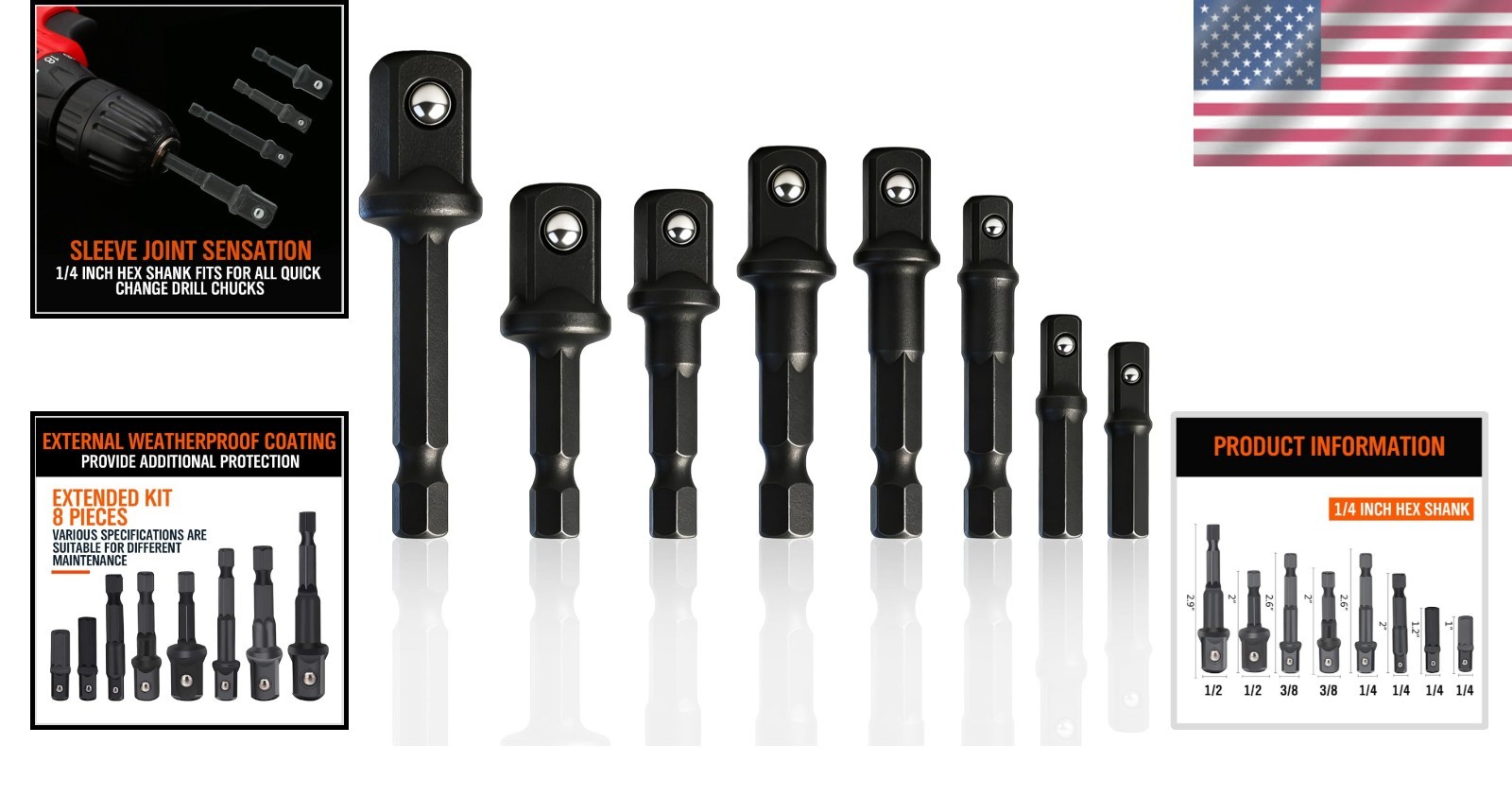 Durable 8-Piece Socket Adapter Set with Hex Shank – For 1/4″, 3/8″, 1/2″ Drives