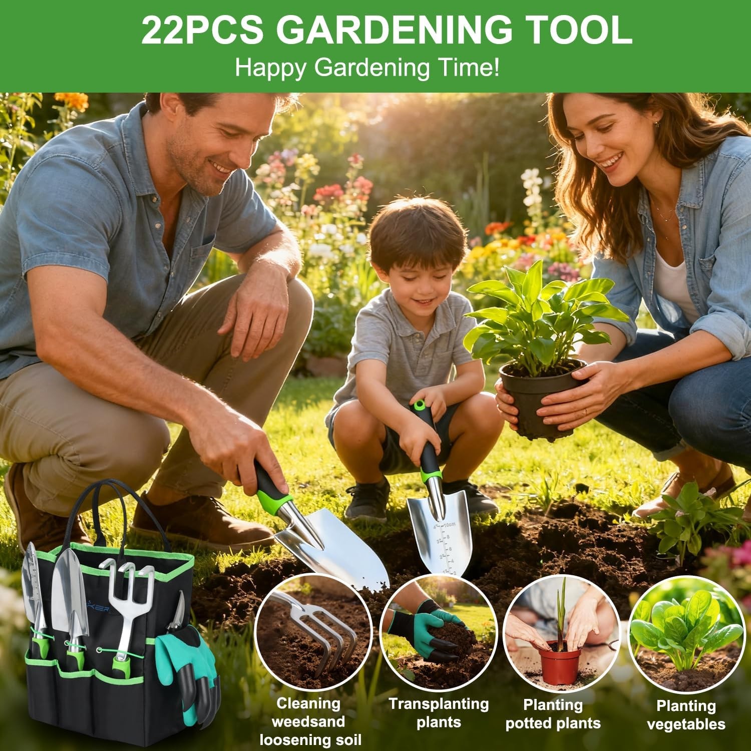 Gardening Tool Set 22-Piece Heavy Duty Hand Tool Kit Supplies Gifts Black Green