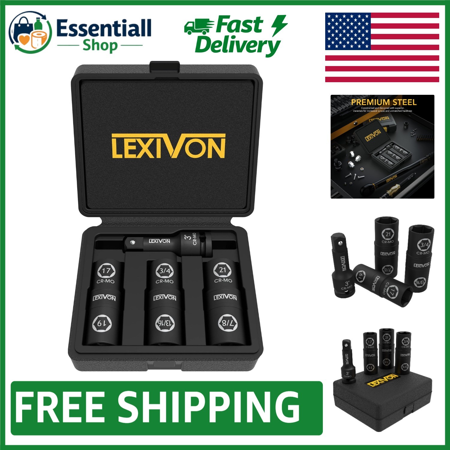Heat-Treated Cr-Mo Impact Socket Set – 6 Lug Sizes Including 3″ Extension