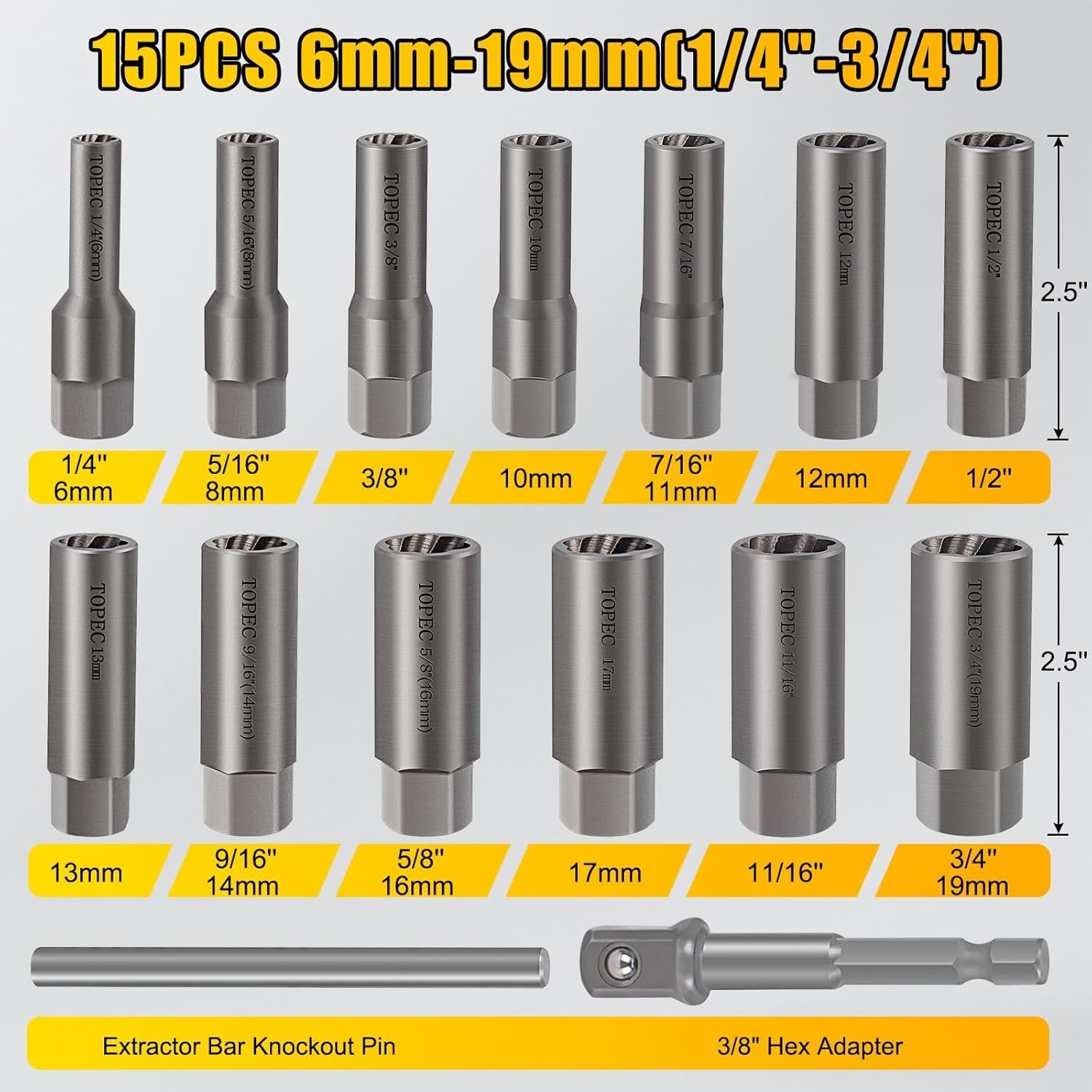 15PCS Deep Bolt Extractor Kit, 6mm-19mm Nut Extractor Socket Set, 3/8″ Drive Rou