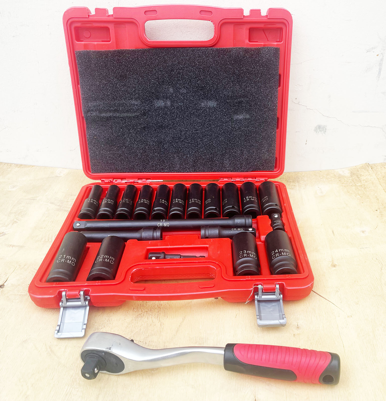 21PCS Metric 1/2″ Dr. Deep Impact Socket Set w/3 Extension Bars & Offset Ratchet