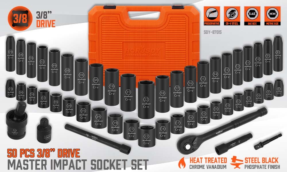 50PCS Impact Socket 3/8″ DR Shallow & Deep SAE & Metric w/ Carry Case