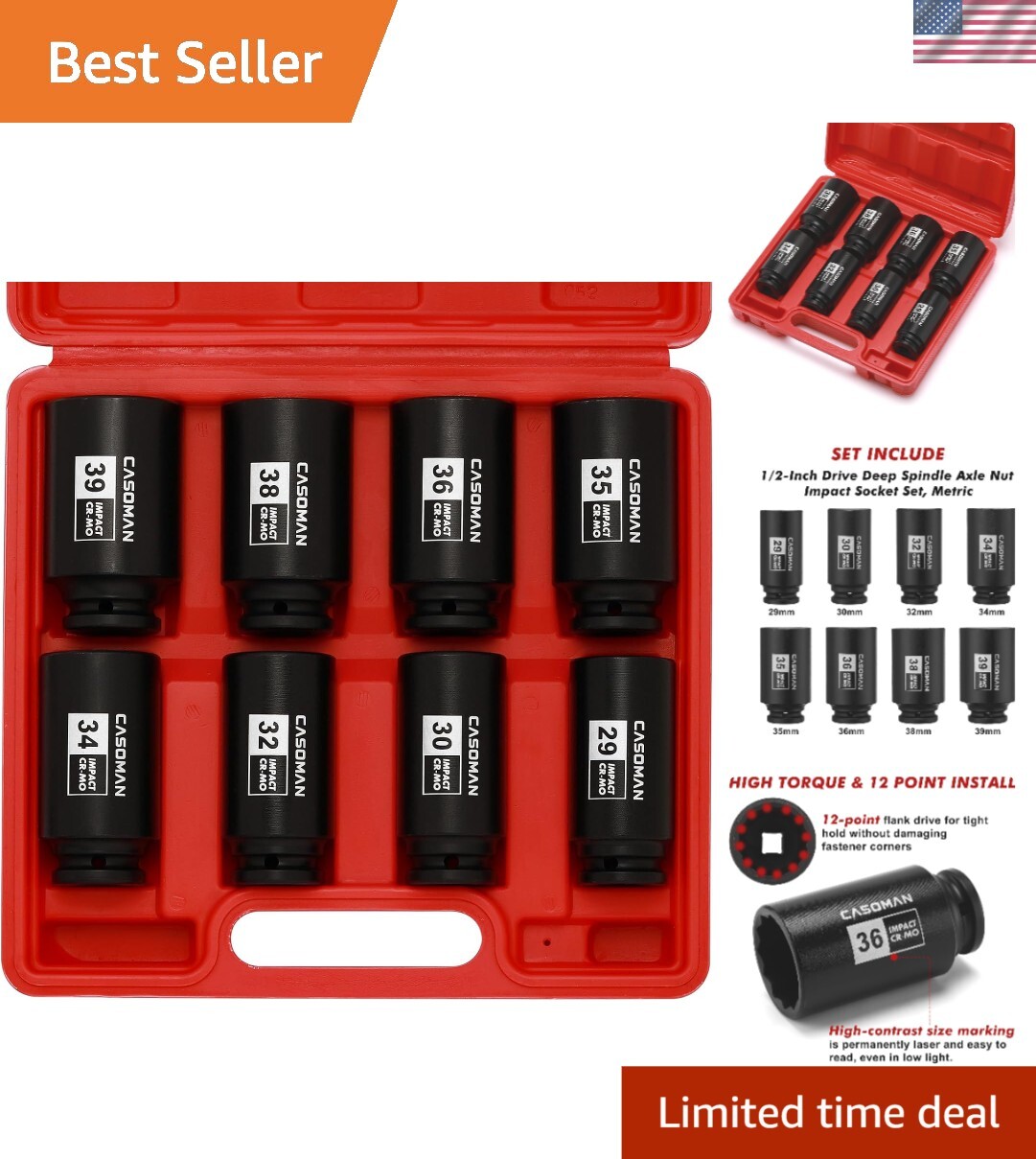 8-Piece 1/2-Inch Drive Deep Metric Impact Socket Set, 29-39mm for Precision Work