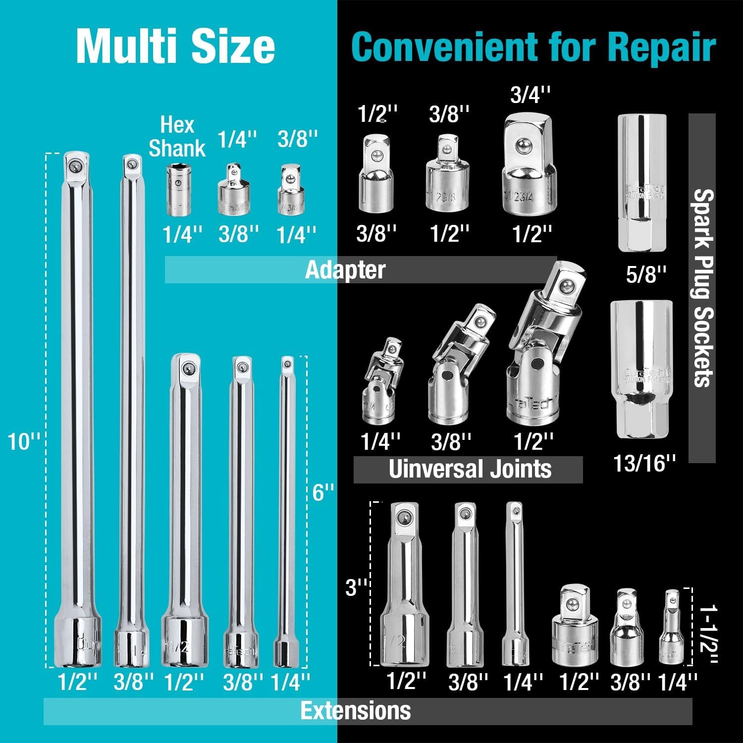 22Pc Socket Accessory Set 1/4 3/8 1/2 Drive Extensions Adapters U-Joint Cr-V