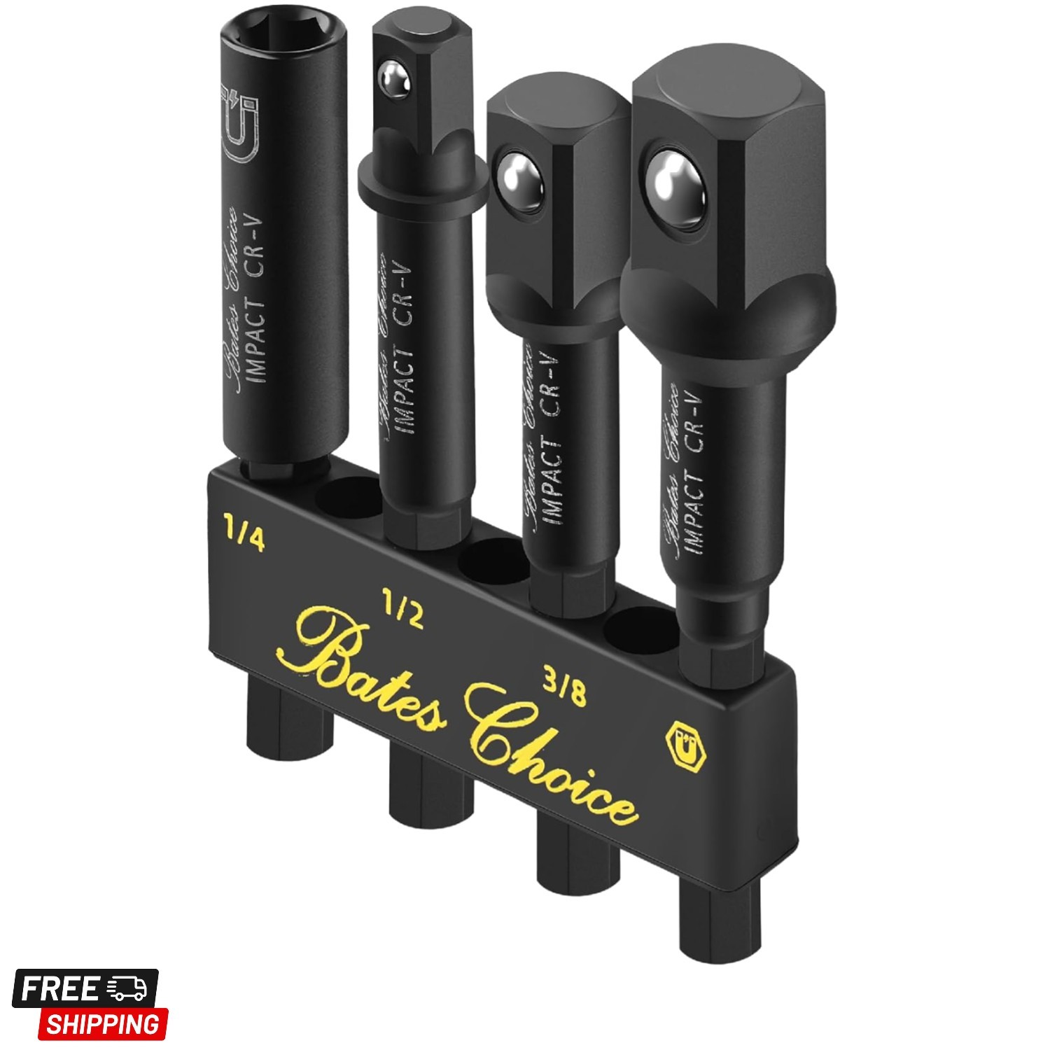 Bates- Impact Socket Adapter Set with Magnetic Bit Holder, 4 pcs, 1/4″, 3/8″,…