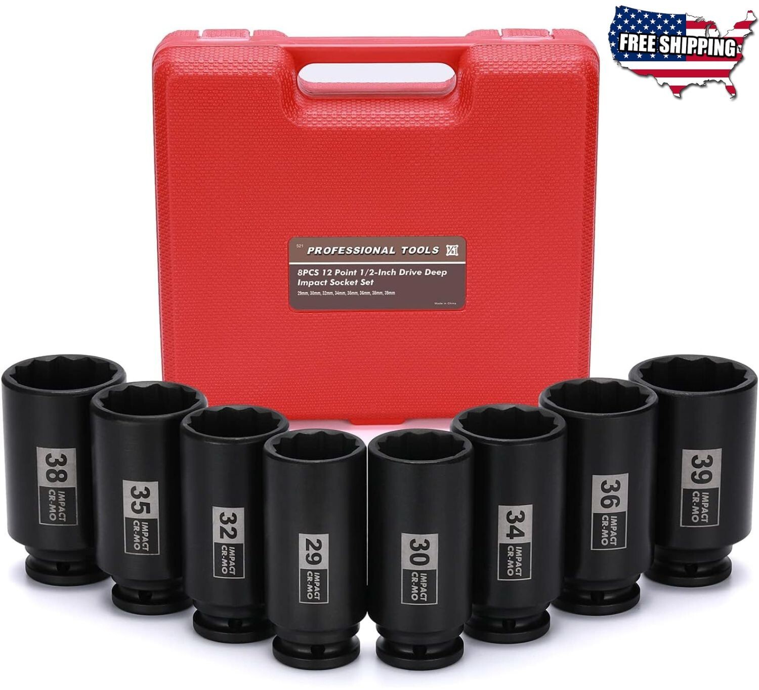 8PCS 1/2″ Deep Axle Nut Impact Socket Set, CR-MO, 12 Point Design, Metric