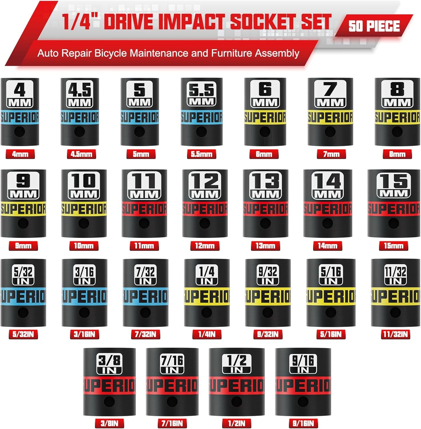 50pc 1/4″ Drive Impact Socket Set SAE & Metric Deep/Shallow 4-15mm 5/32-9/16