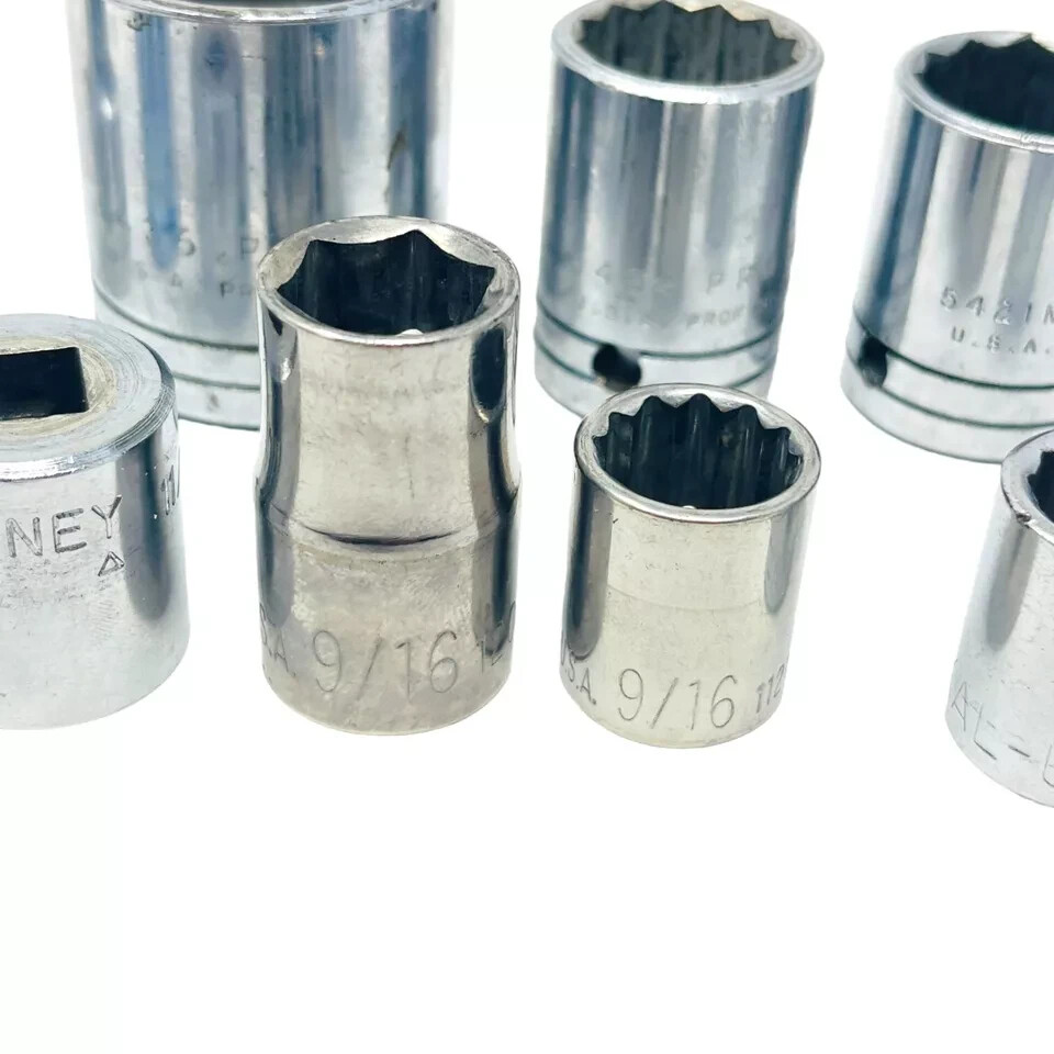 11 Pcs Bonney, Proto, Stanley 3/8 in Extension and 1/2 in Drive Socket Set, USA