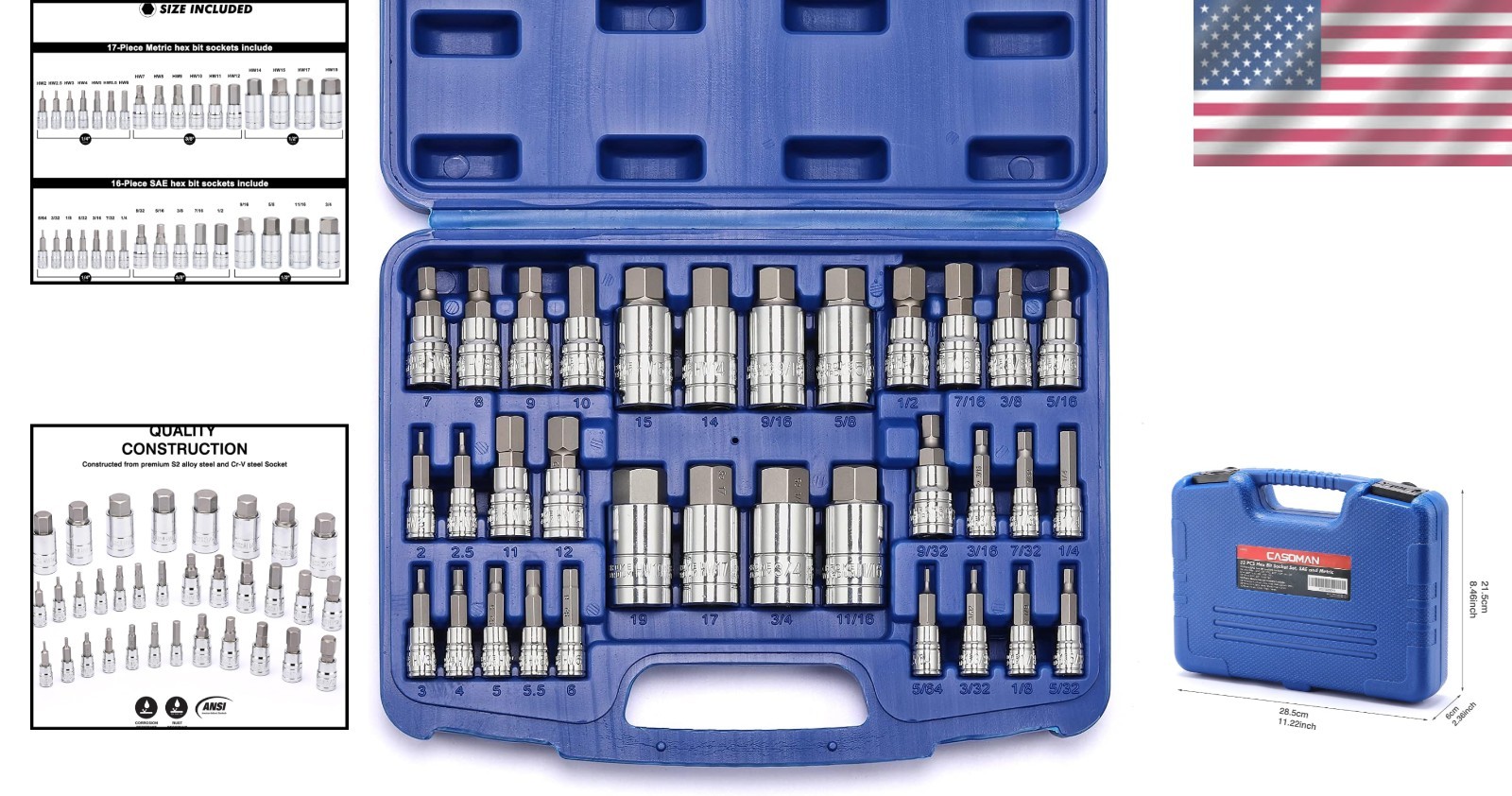 Comprehensive 33-Piece SAE & Metric Hex Bit Socket Set with Carrying Case