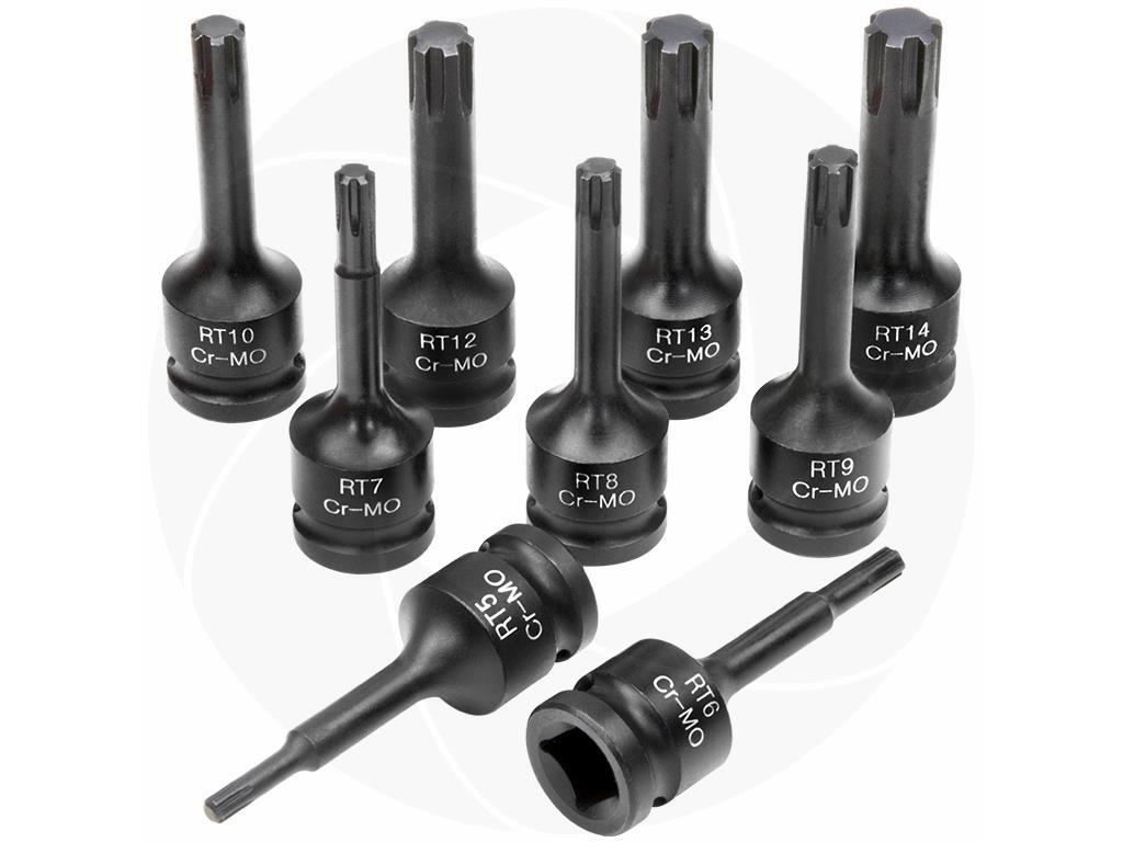 9pcs 1/2inch Drive Long RT5-RT14 Ribe Cr-Mo Impact Wrench Sockets Bits Set
