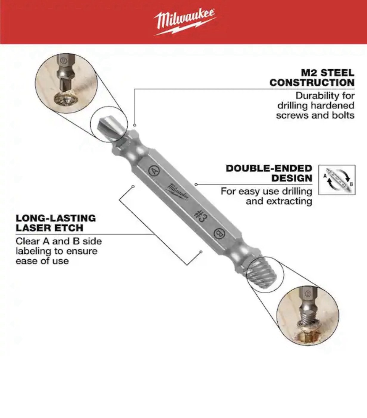 Milwaukee 49-57-9001, M2 Steel Screw Extractor Set (4-Piece)