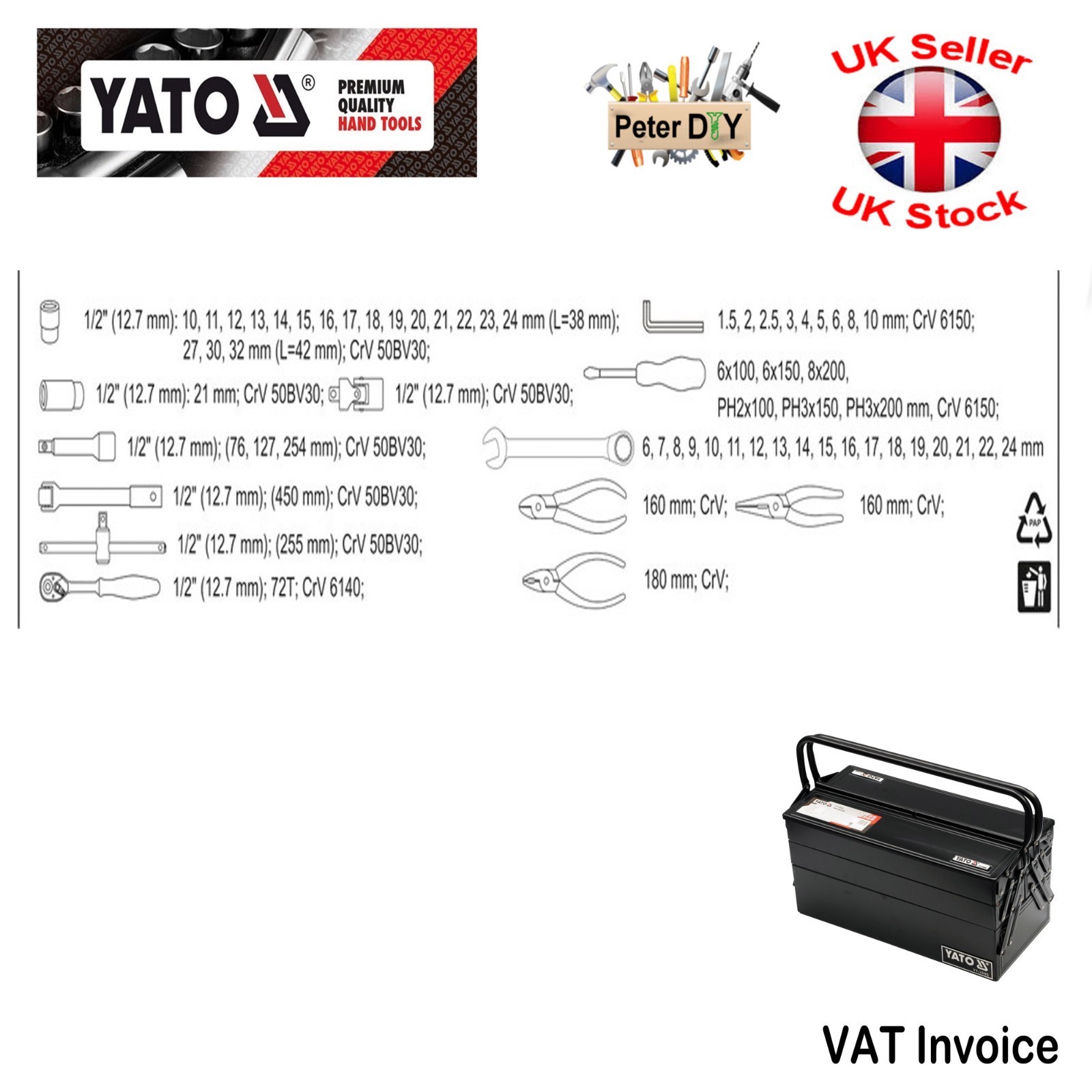 Yato Professional 62 pcs 1/2 Ratchet Socket Set Tools Box Case Toolbox YT-3895