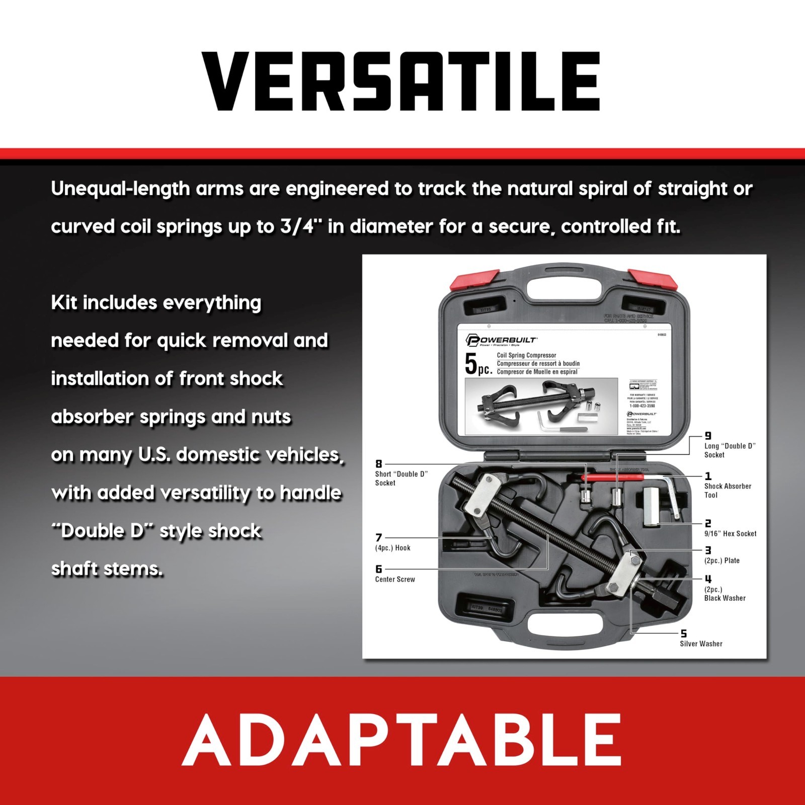 Coil Spring Compressor Tool Kit, 5 Piece Set for Shock Absorbers, Curved & Strai