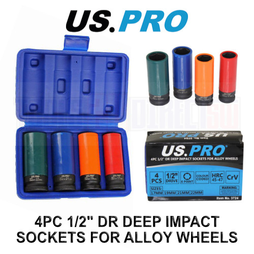 US PRO Tools 4pc 1/2″ Dr Deep Impact Sockets For Alloy Wheels 17, 19, 21, 22mm