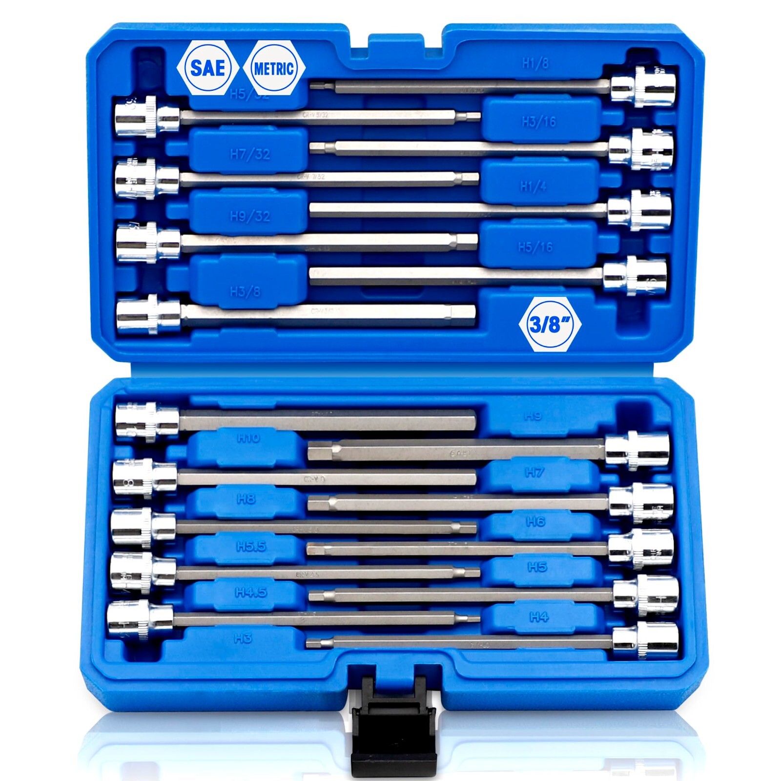 18piece 3/8 Inch Drive Extra Long Allen Hex Bit Socket Set Sae & Metric 1/83/8