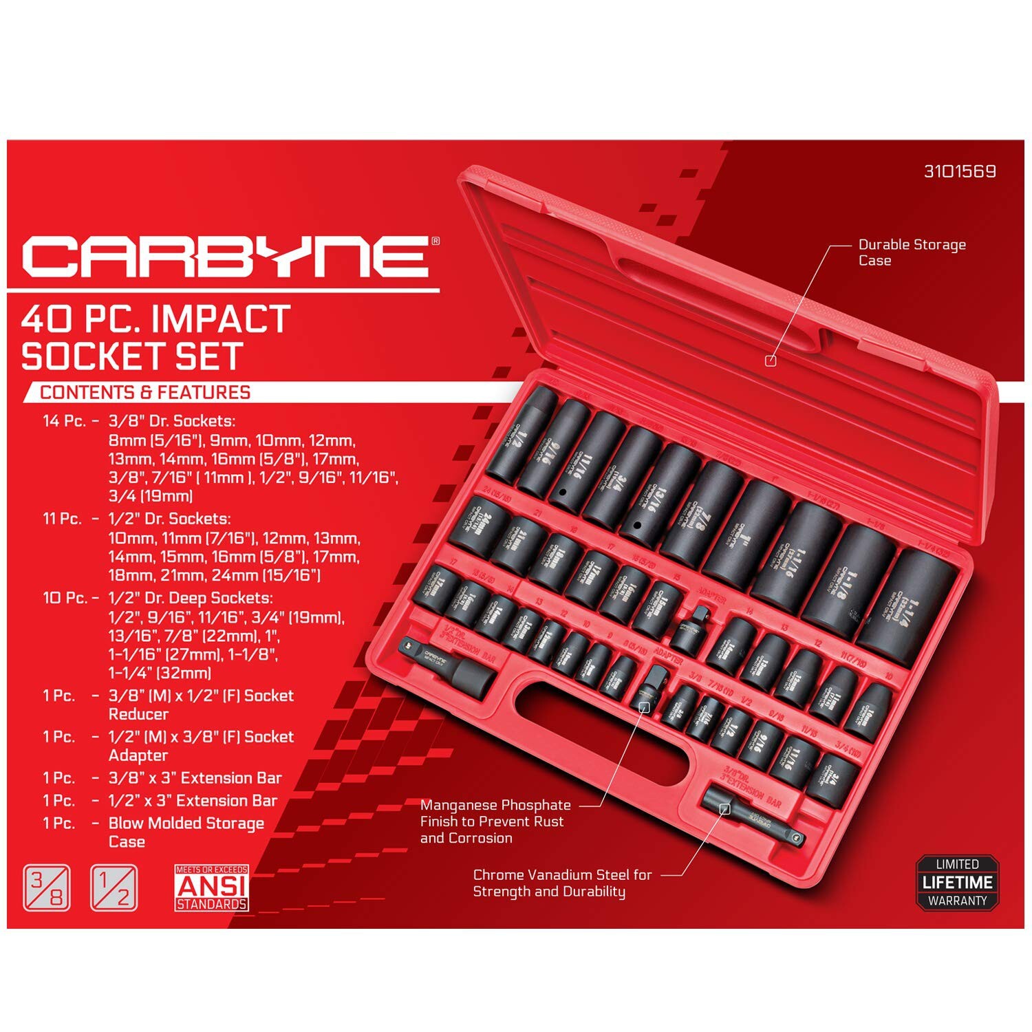 CARBYNE 40 Piece Impact Socket Set, SAE & Metric, Standard and Deep Sockets, …