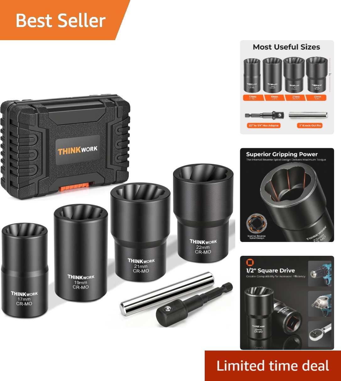 Durable 1/2 Inch Drive Lug Nut Remover Set for Frozen & Damaged Bolts