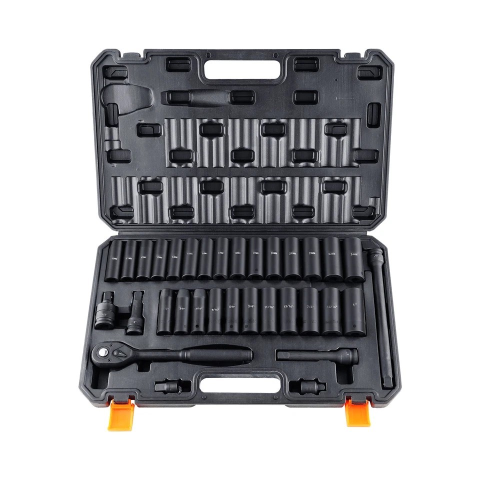 Impact Sockets Set 33pcs 6 Point 1/2in Drive Bit Ratchet Tool Kit Case