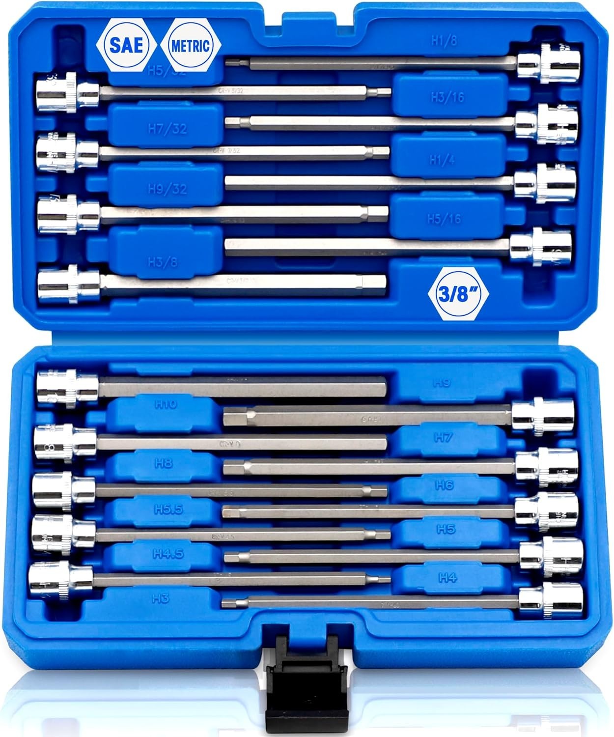 18piece 3/8 Inch Drive Extra Long Allen Hex Bit Socket Set Sae & Metric 1/83/8