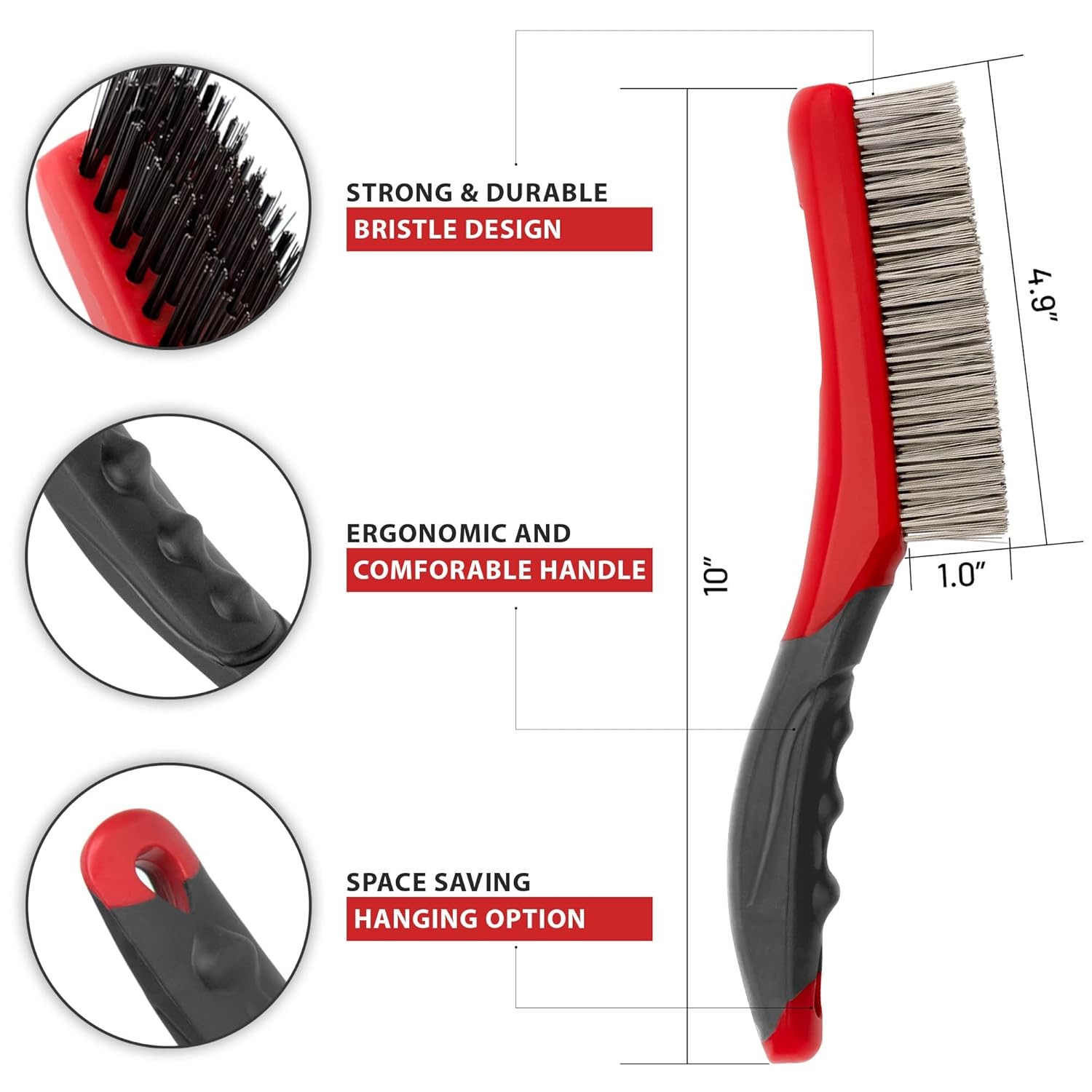 Wire Brush Set-Heavy Duty Stainless & Carbon Steel Bristles with Plastic Red
