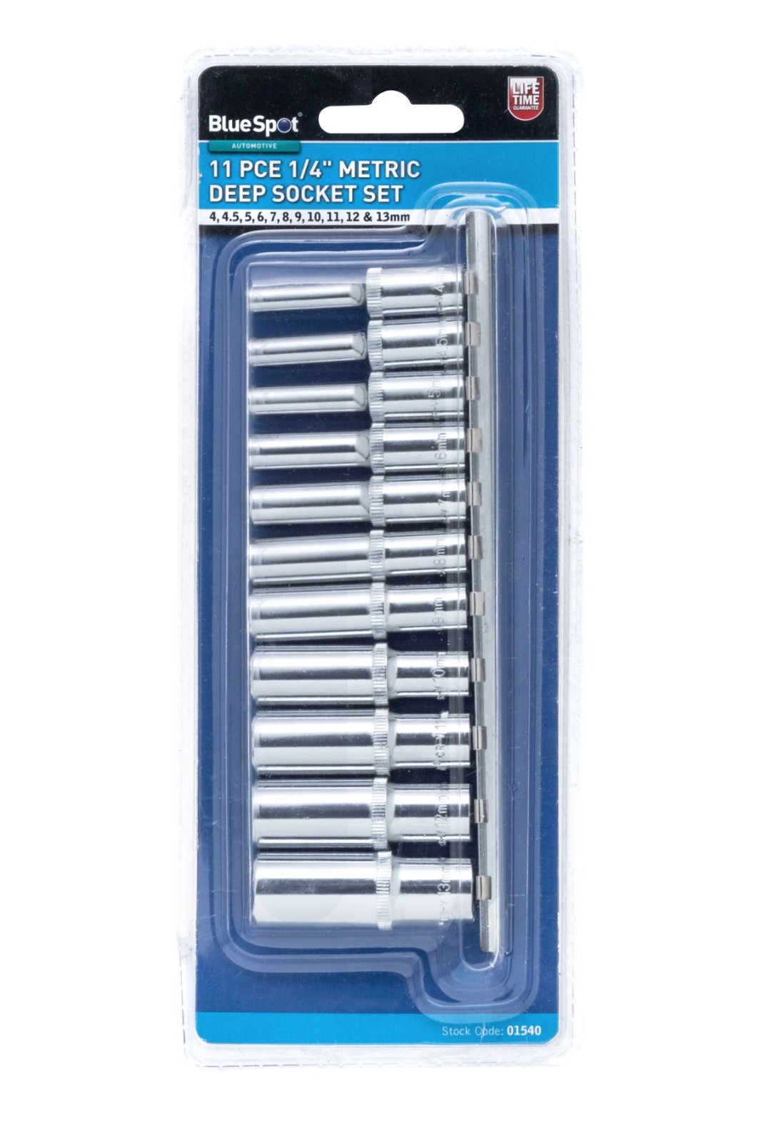 Blue Spot 1/4″ Drive Metric Deep Socket Set 4-13mm Long Reach Sockets On Rail