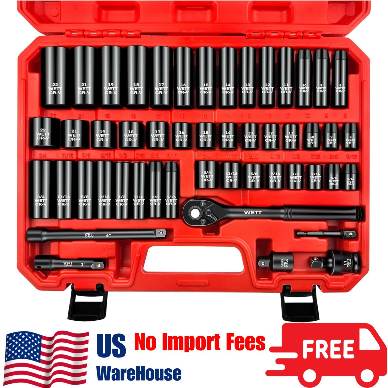 50Pcs 3/8″ Drive Impact Socket Set, SAE/Metric, Deep/Shallow Sockets