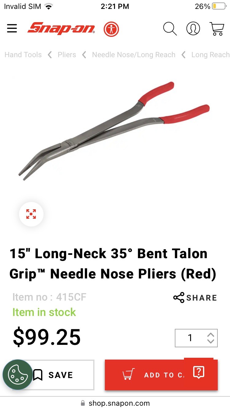 Snap-on 15″ Long-Neck Needle Nose Pliers & 35° Bent Talon Grip (Green) NEW!!!