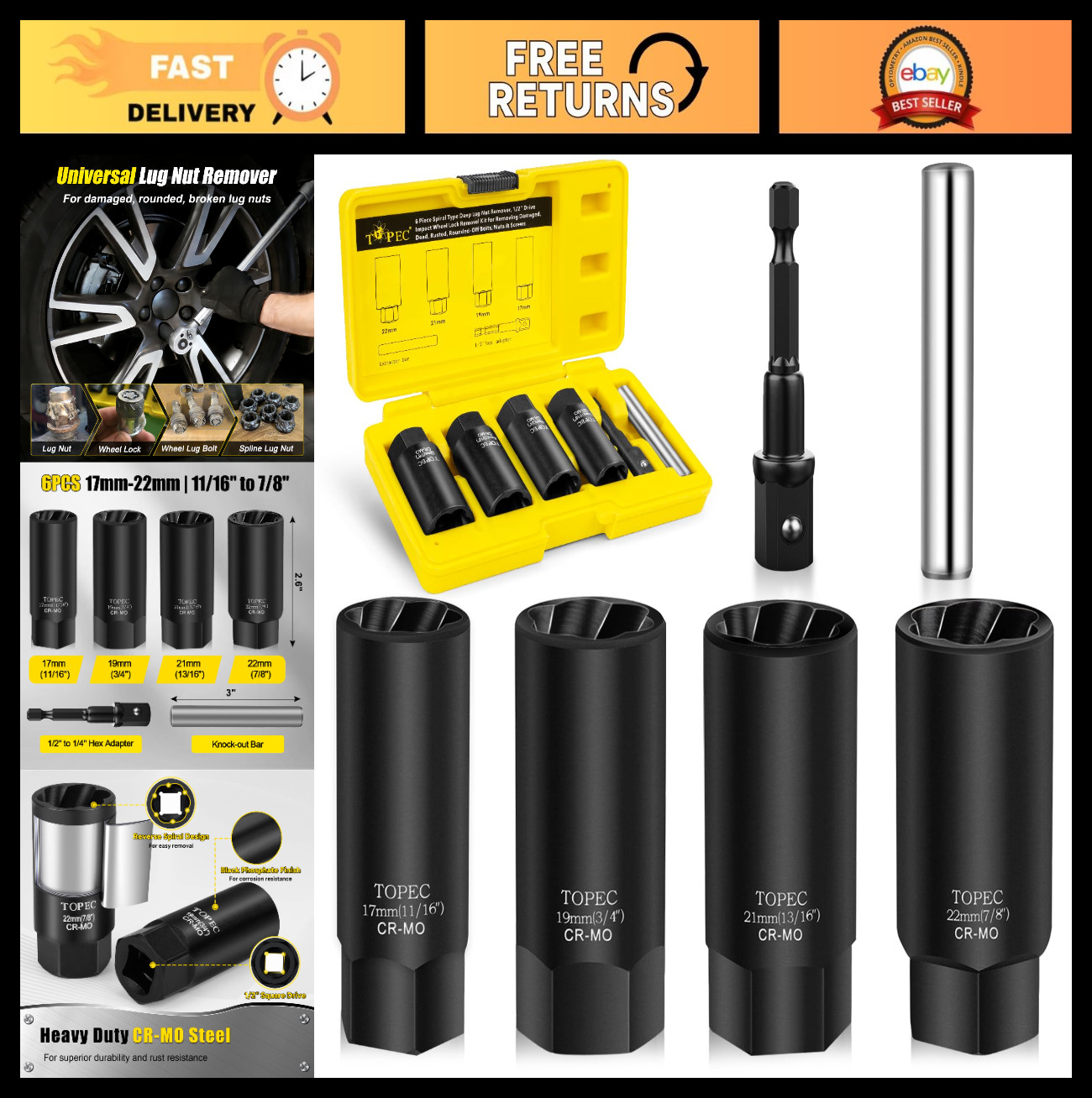 6PCS Lug Nut Removal Tool Set, 1/2″ Drive Extractor for Stripped & Damaged Bolts