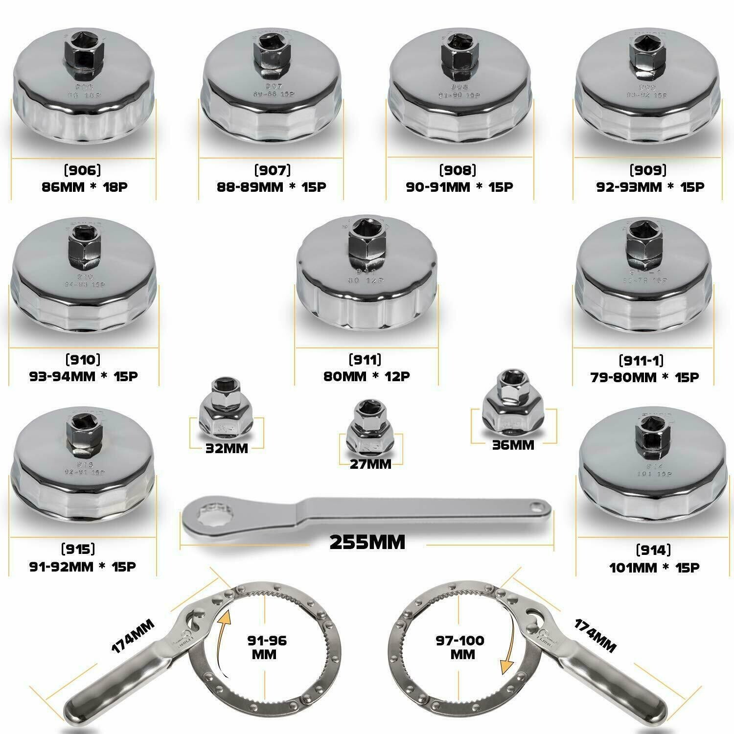 31 PC 1/2″ Dr Oil Filter Socket Cup Type Set & Adjustable Cap Wrench Removal Set