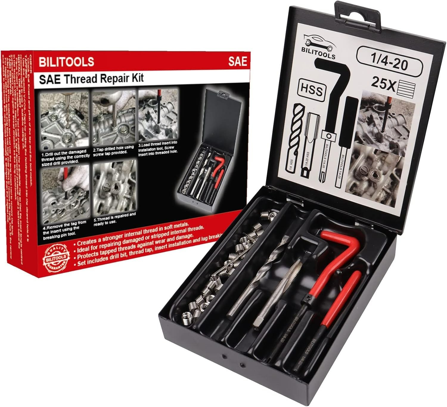 1/4-20 Inch Thread Repair Kit with HSS Drill and Stainless Inserts for Strength
