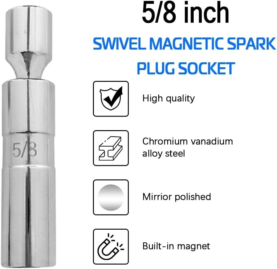 5/8″ Swivel Magnetic Spark Plug Socket 3/8 Inch Drive x 4″ Total Length 12-Po…