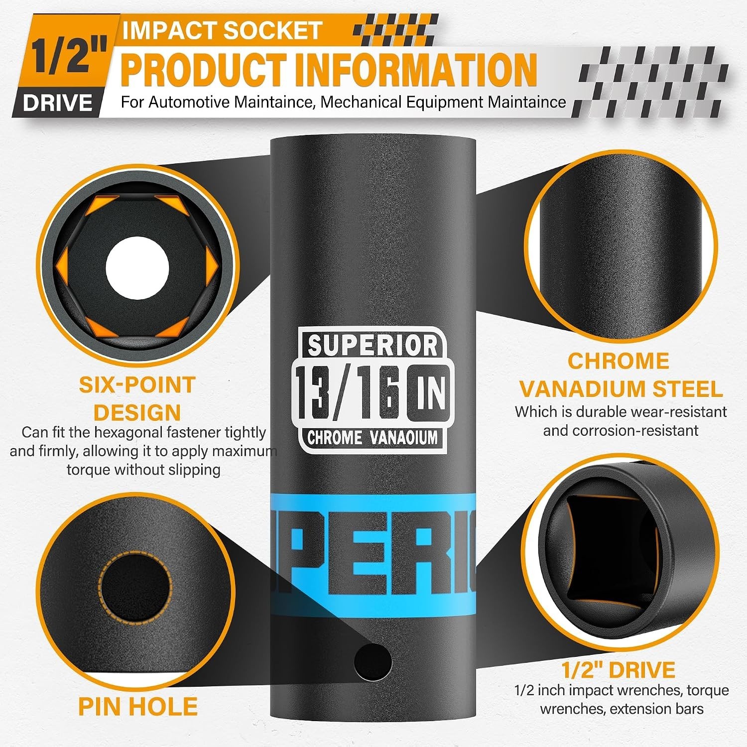 1/2″ Drive Impact Socket 13/16 Inch Deep Socket 6 Point CR-V